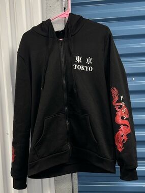 Black Zip-Up Hoodie with Red Dragon Sleeve Graphic